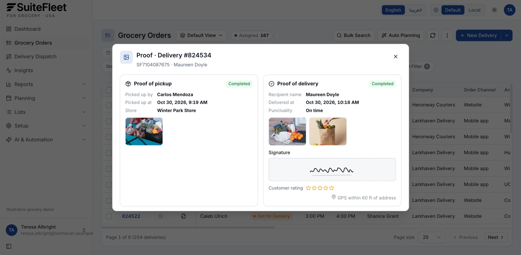 Proof of pickup and delivery for a grocery order with wine showing the driver, pickup time at the Winter Park store, the customer who received it, photos, and signature