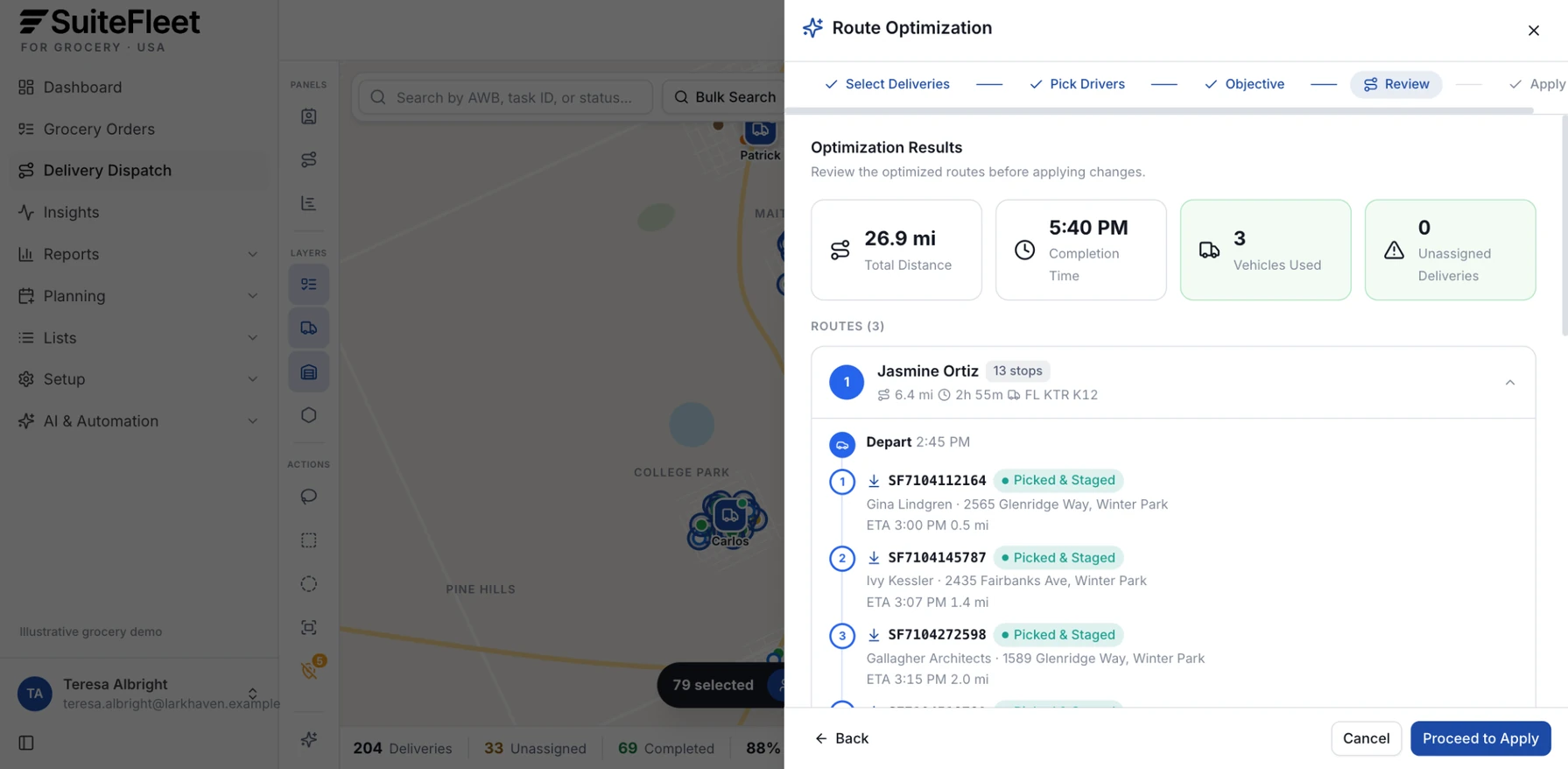 Optimized afternoon grocery delivery wave showing total distance, completion time, vehicles used, and the first route's stops with arrival times