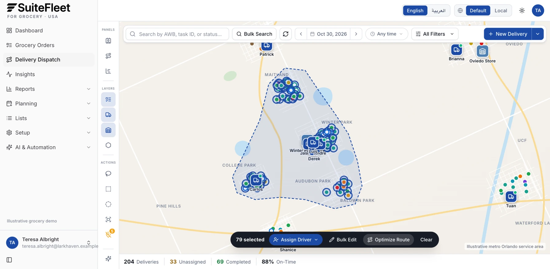 Illustrative lasso selection of grocery deliveries in Maitland, Winter Park, College Park, Audubon Park, and Baldwin Park with assign, bulk edit, and optimize actions