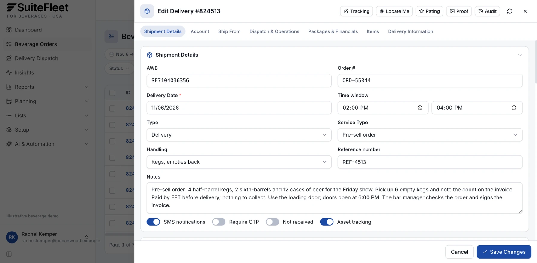 Beverage delivery details with a 2:00 to 4:00 PM window, kegs with empties back handling, a note on kegs, cases, empties, and payment, and asset tracking switched on
