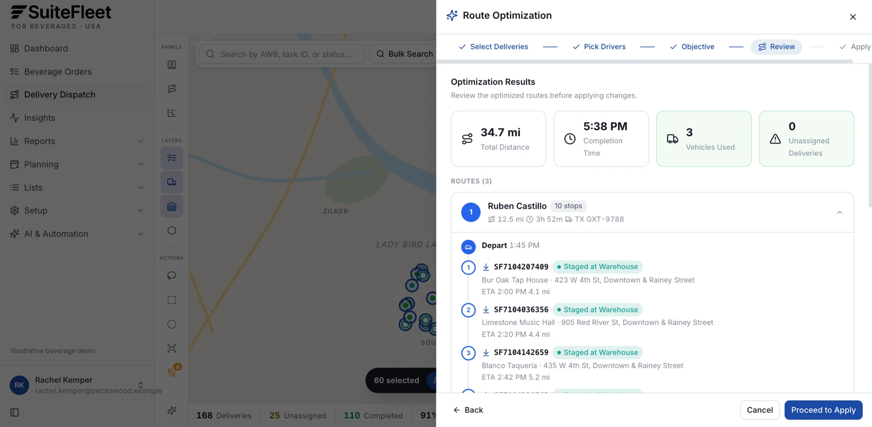 Optimized afternoon keg wave showing total distance, completion time, vehicles used, and the first route's stops with arrival times
