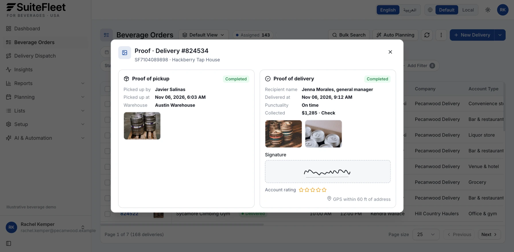 Proof of pickup and delivery for a keg order showing the driver, pickup time at the Austin warehouse, the general manager who received it, a check collected at delivery, photos, and signature