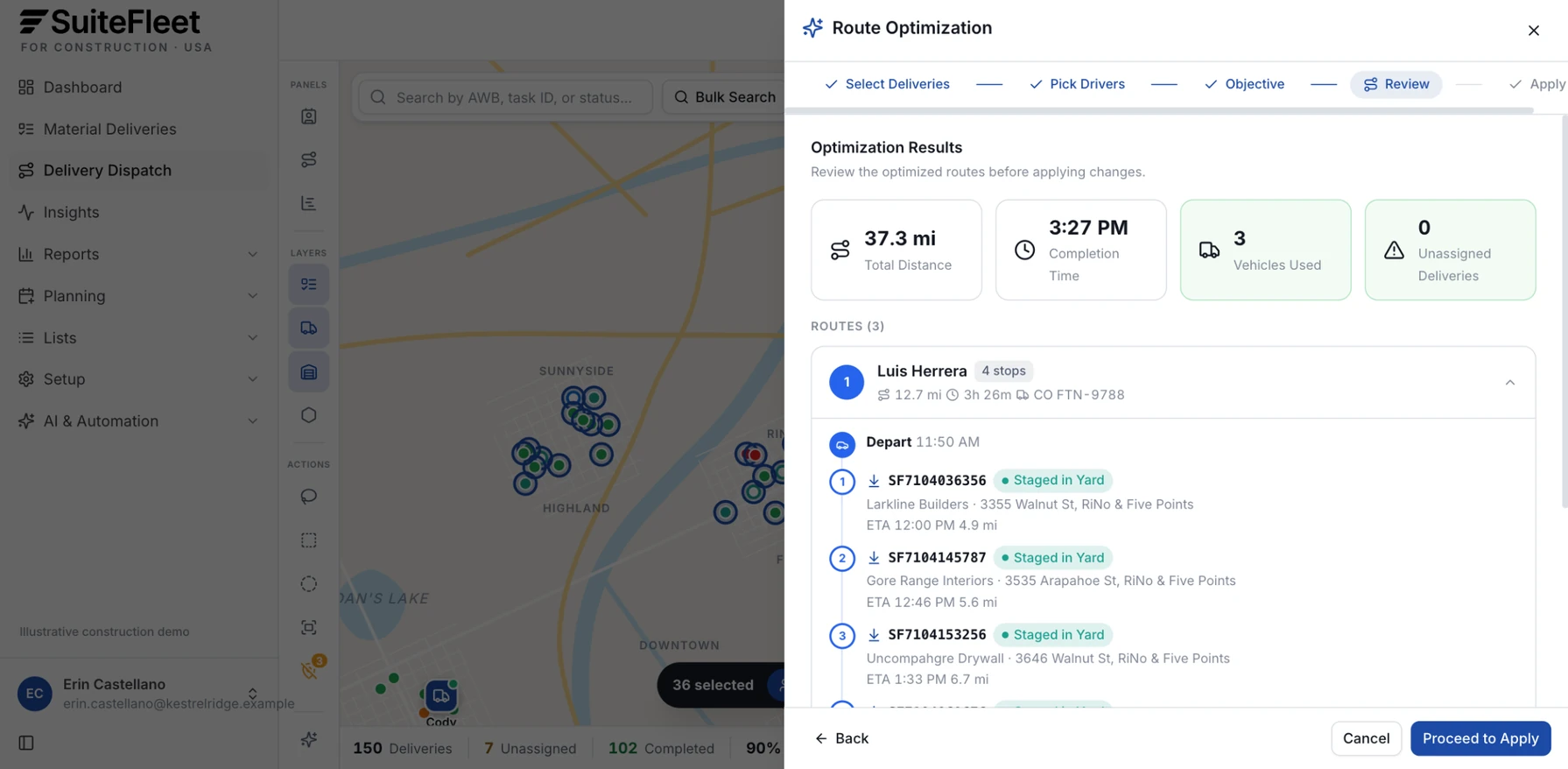 Optimized afternoon boom wave showing total distance, completion time, vehicles used, and the first route's stops with arrival times