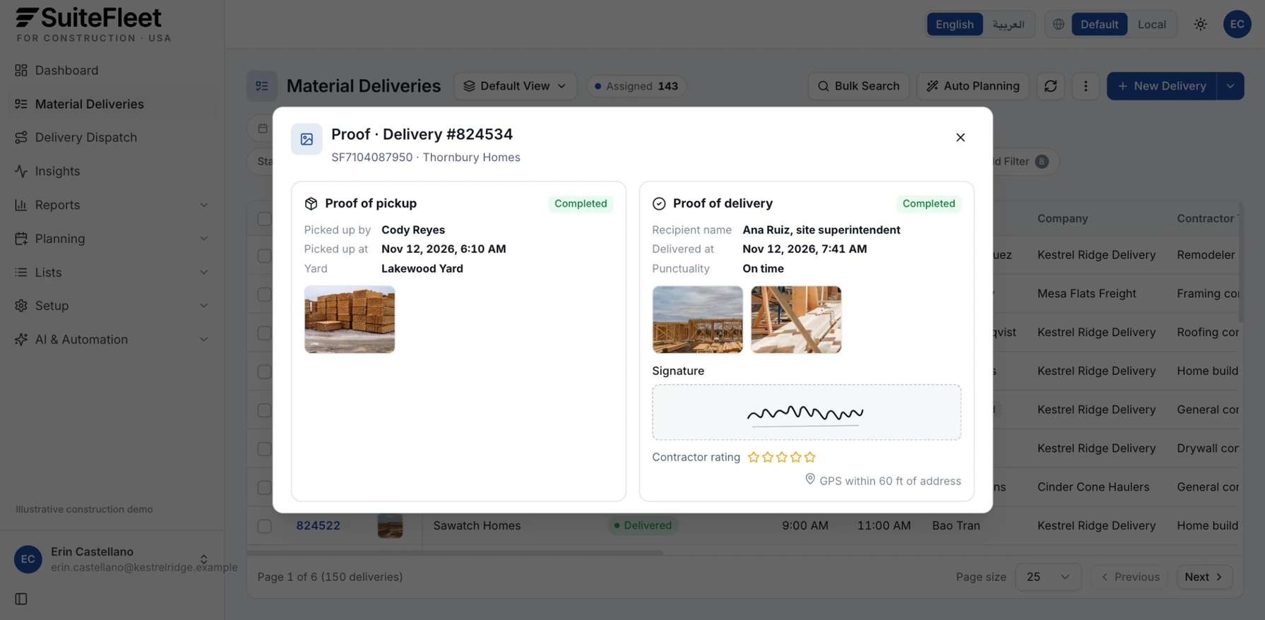 Proof of pickup and delivery for a framing package showing the driver, pickup time at the Lakewood yard, the site superintendent who received it, photos, and signature