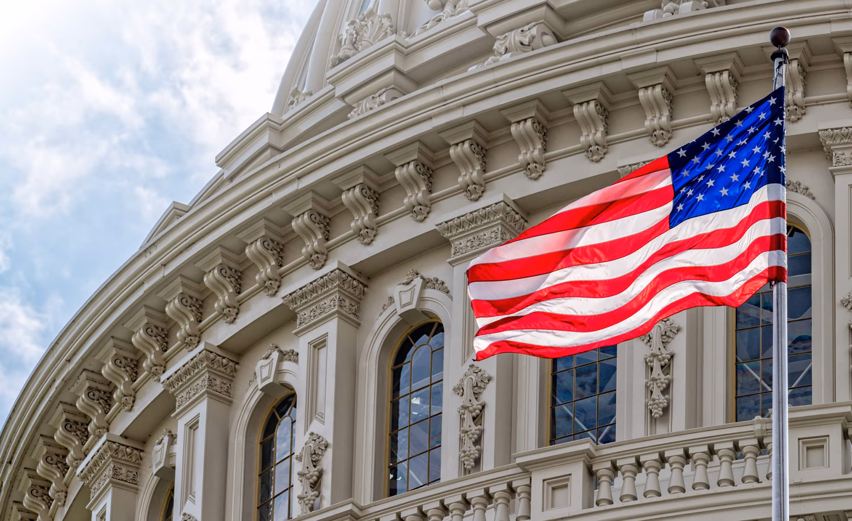 Residental building with US flag before it
