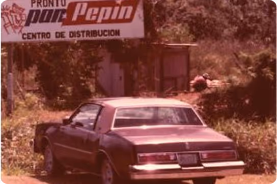 A dark-colored vintage car parked on a dirt road in front of a sign reading 'Pronto pollo Pepin Centro de Distribucion' surrounded by trees and bushes.