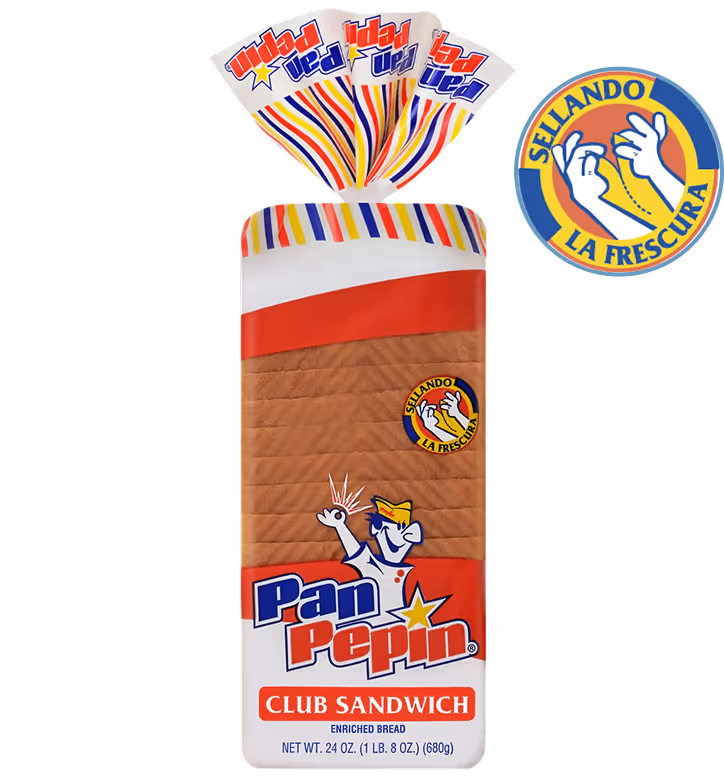 Pan Pepin Club Sandwich bread loaf with packaging showing logo, mascot, and freshness seal labeled 'Sellando La Frescura'.