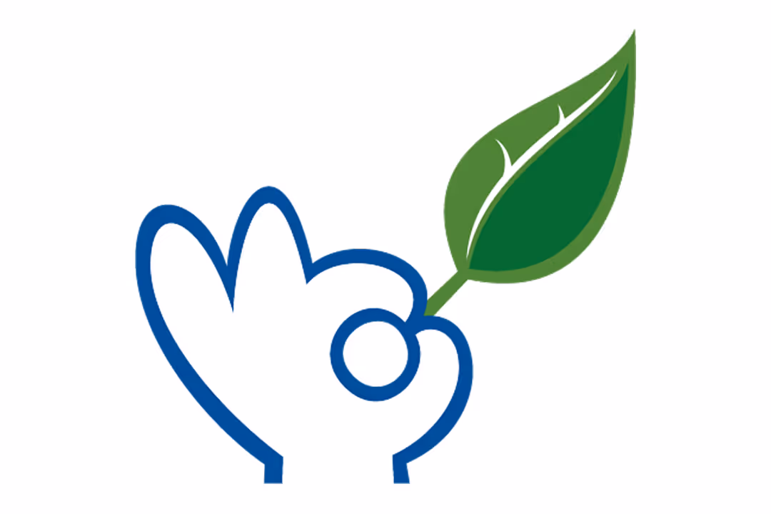 Blue outline of a hand making the OK gesture holding a green leaf between the thumb and index finger.