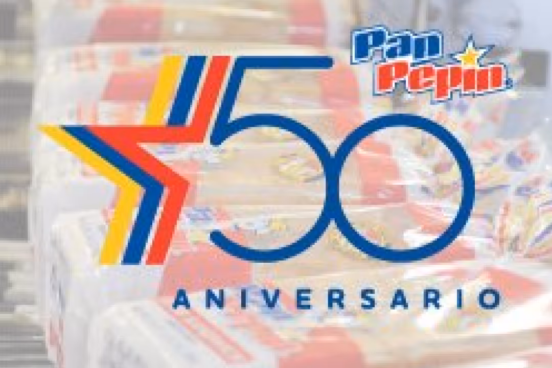 Pan Pepin 50th Anniversary logo with a red, yellow, and blue star over packaged bread background.