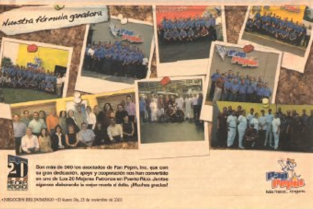 Collage of multiple group photos showing various teams of Pepsi employees standing together, celebrating 20 years of the company's presence in Puerto Rico.