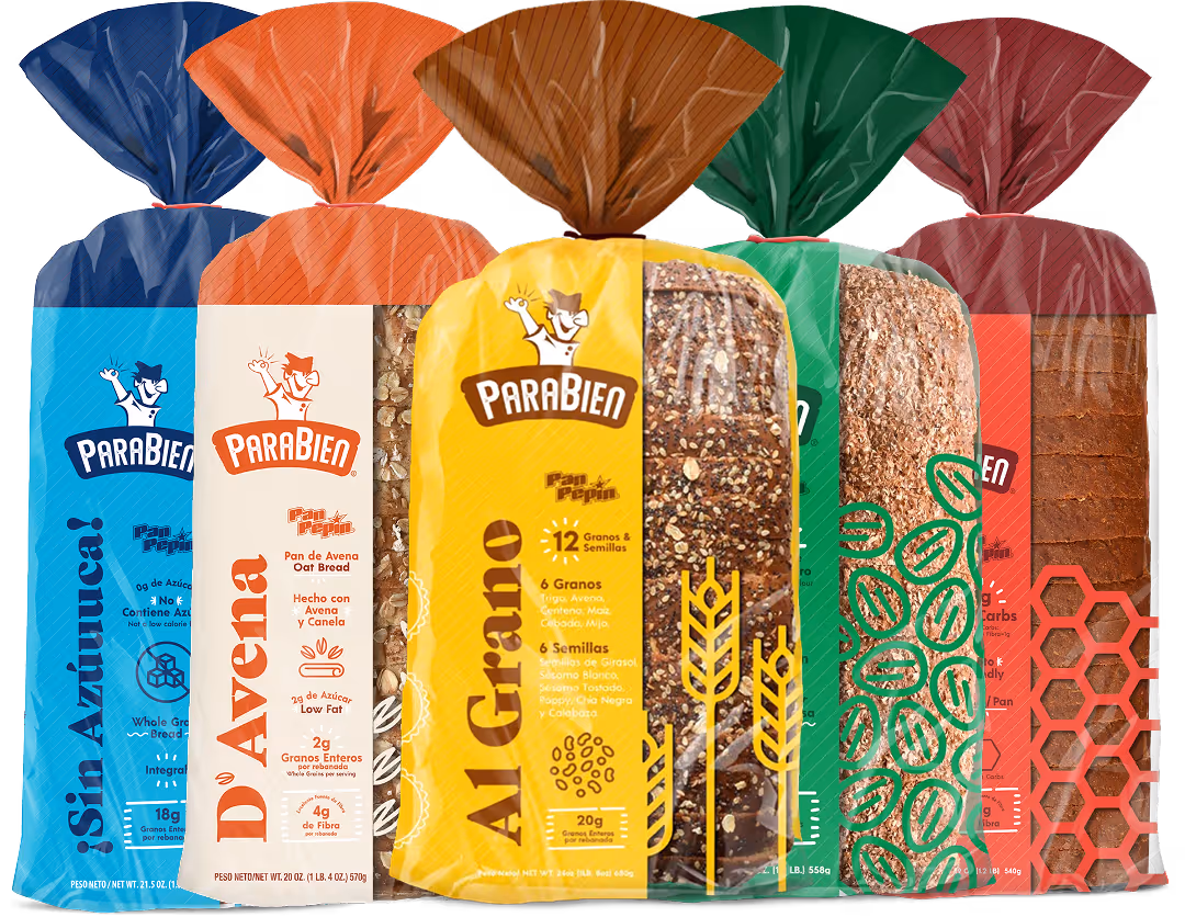 Five colorful loaves of Parabien brand bread in plastic bags, each labeled with different varieties including oat bread and multigrain bread.