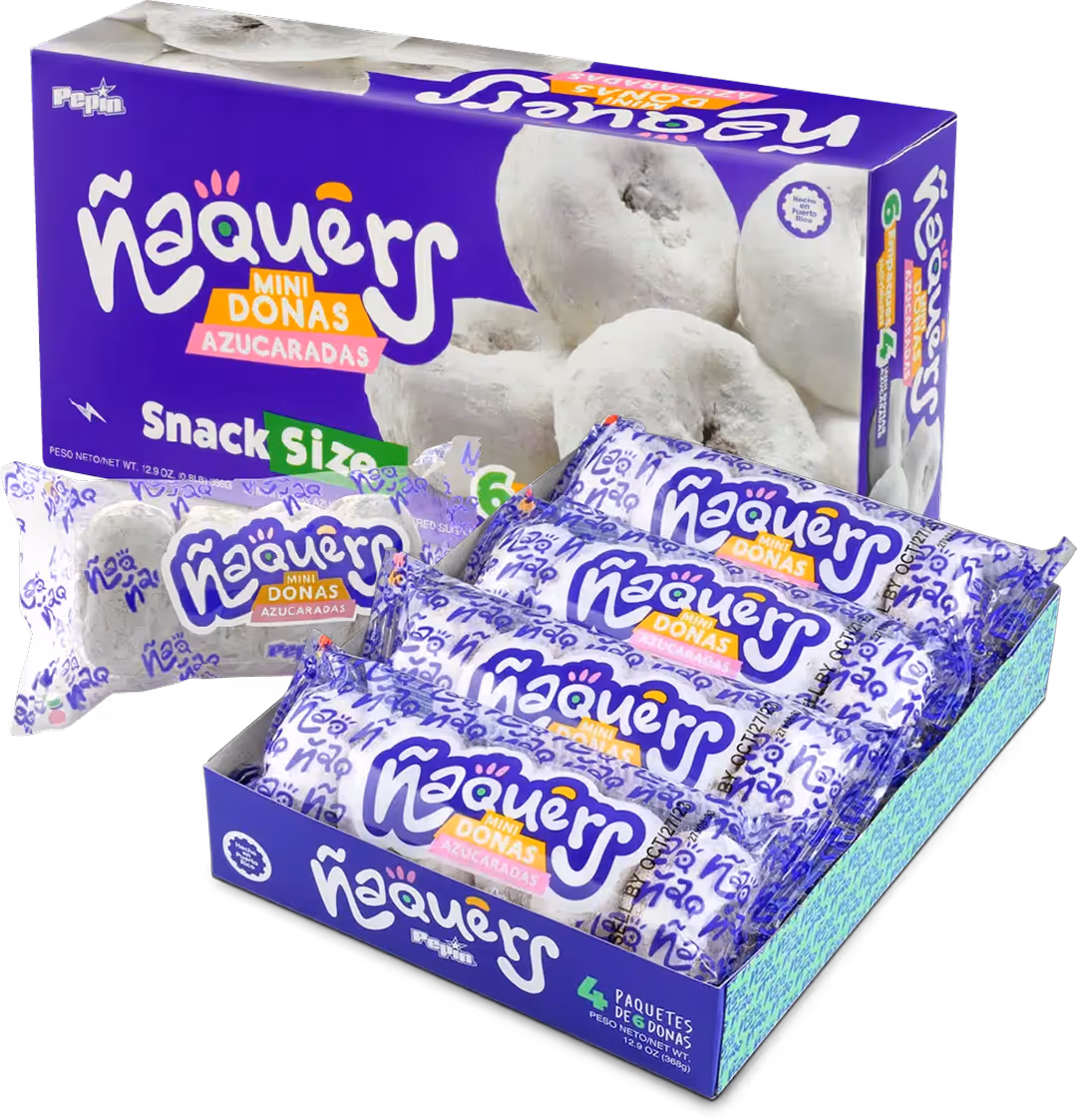 Box of ñaquer mini powdered sugar-coated donuts with four individually wrapped packs inside and one pack outside the box.