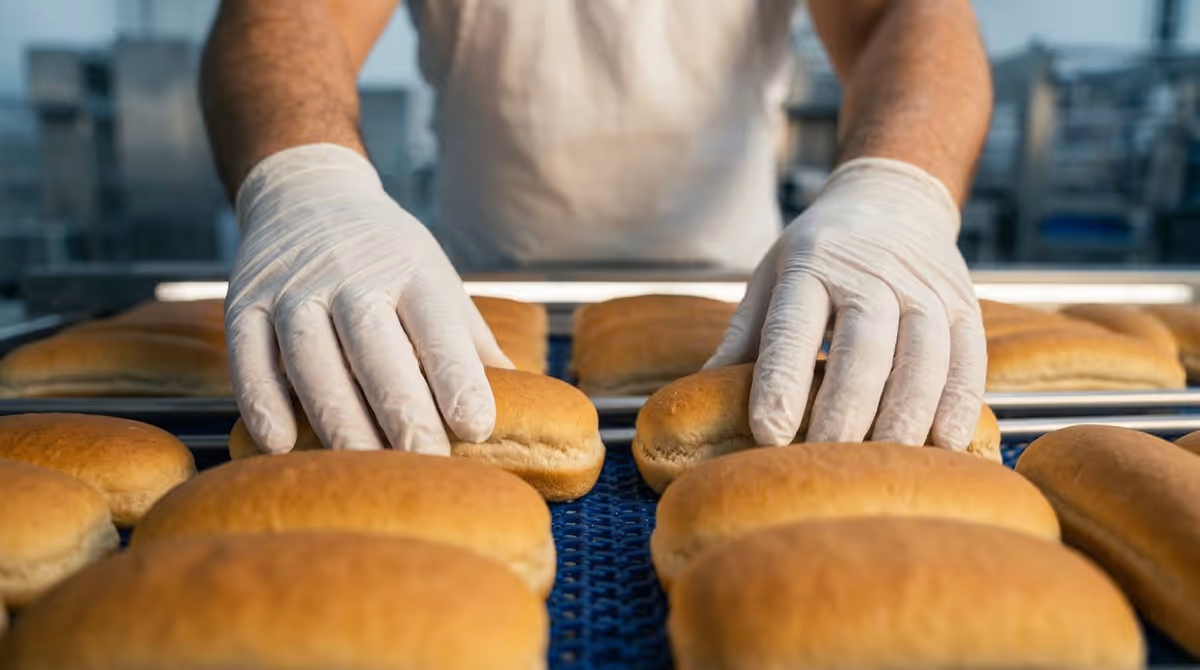 Hands wearing white gloves arranging hot dog buns on a conveyor belt in a bakery or food production line.