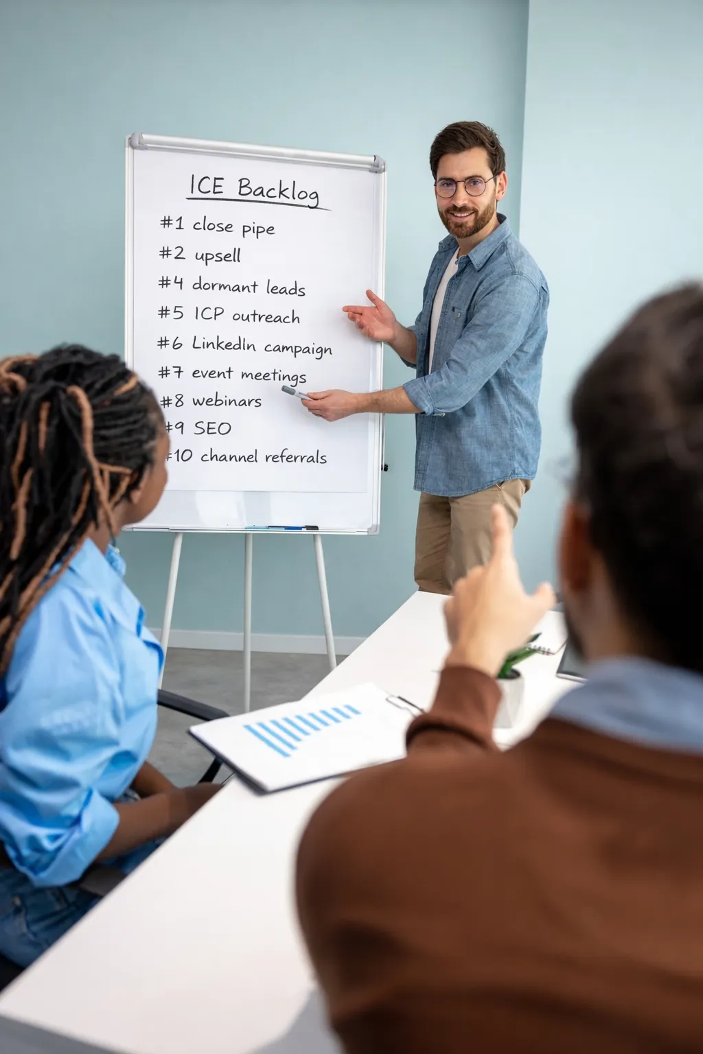 Presenter at a flip chart in front of a seated team