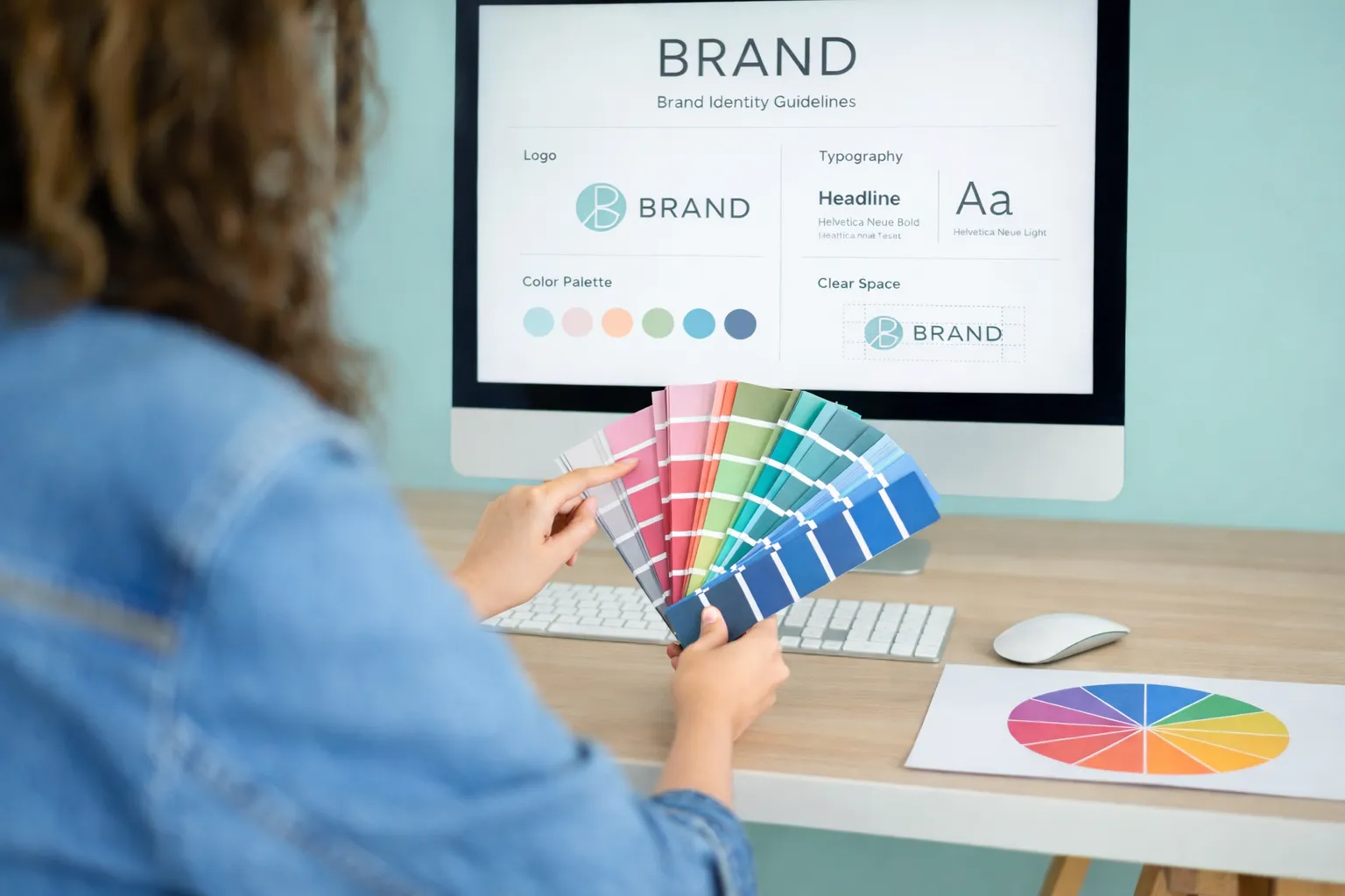 Designer holding a colour fan in front of a brand guidelines screen