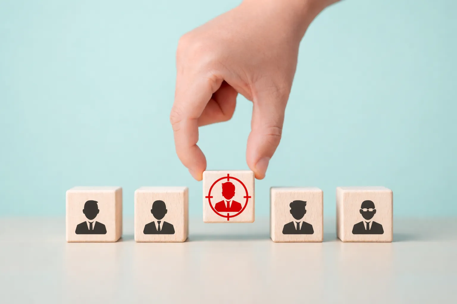 Hand placing a target-icon block in a row of person-icon blocks