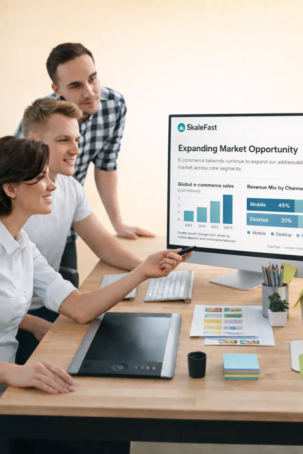 Founders reviewing charts on a large monitor