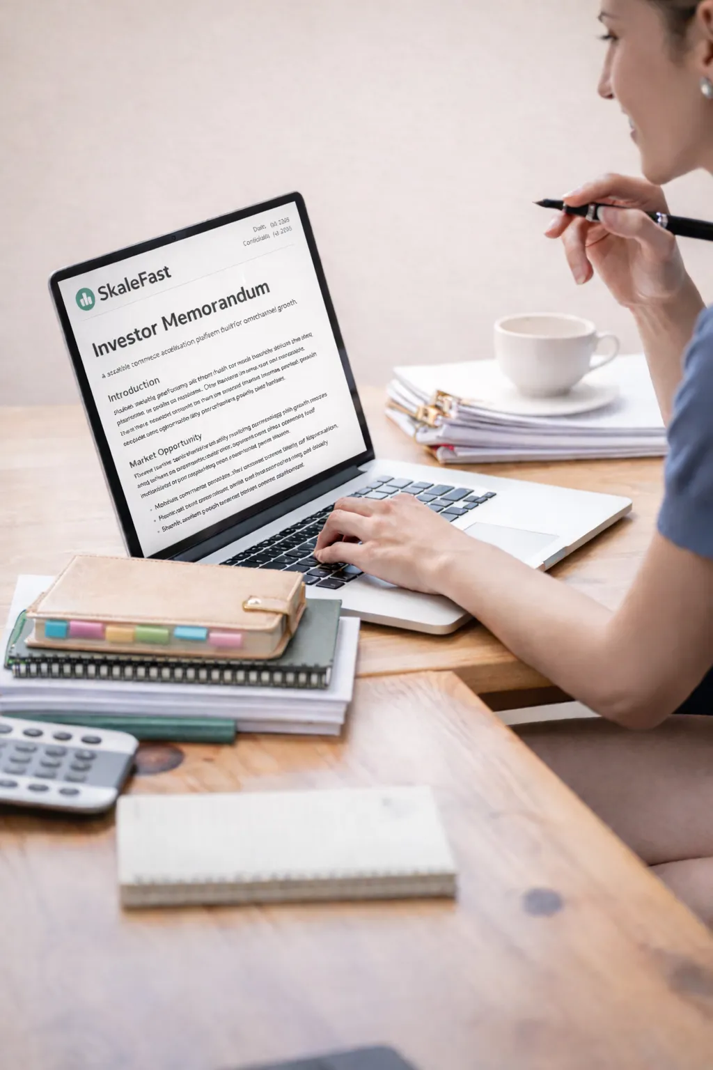 Person writing notes beside a laptop showing an investor memorandum
