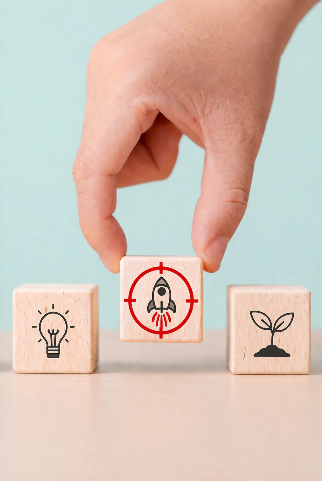 Hand placing a wooden block with a rocket icon in a row of growth-stage blocks