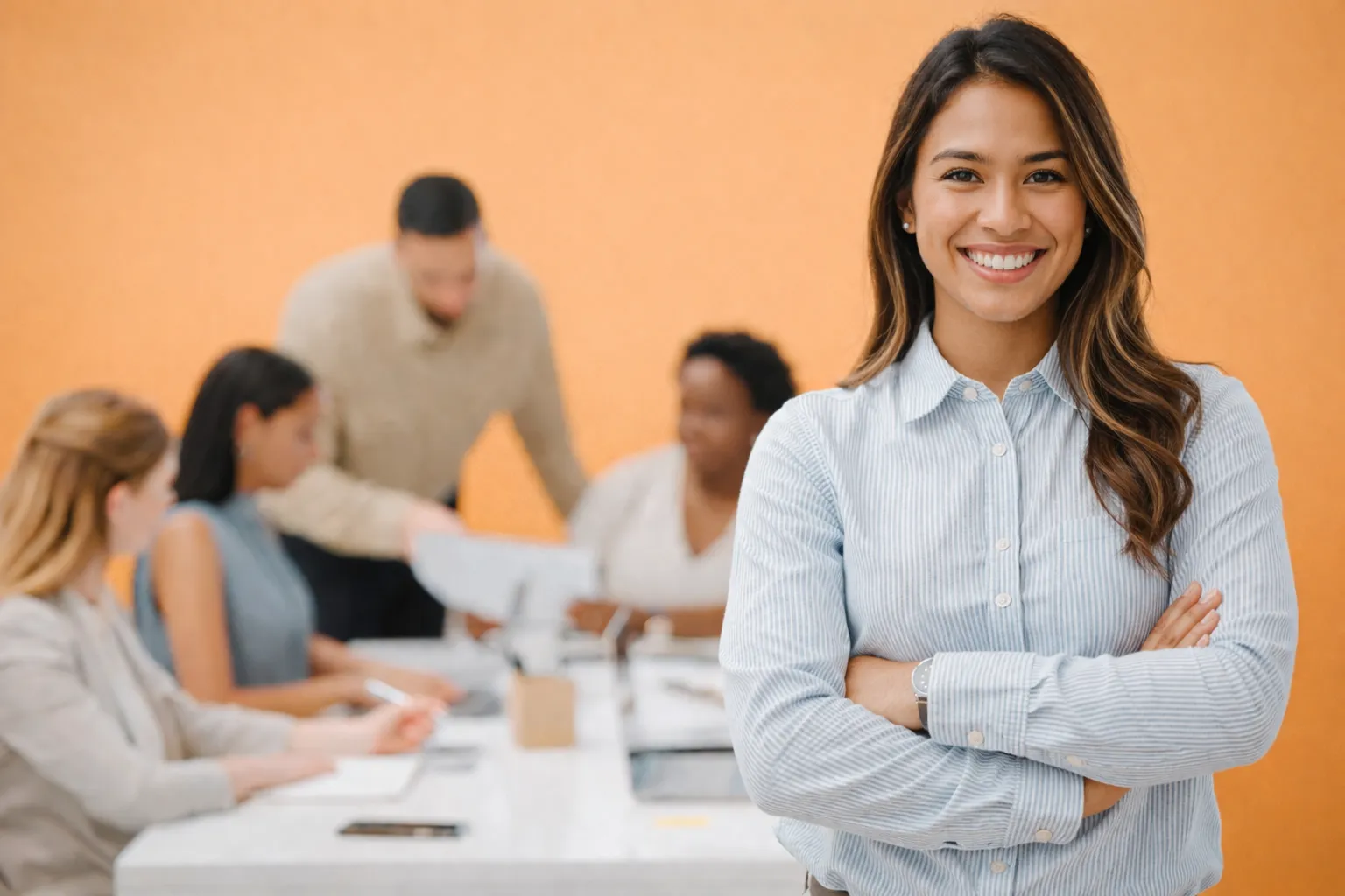 Smiling woman in the foreground of a team meeting