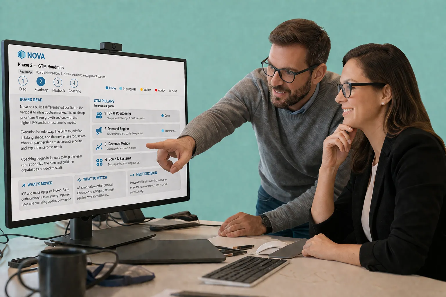 Two colleagues pointing at a dashboard on a monitor