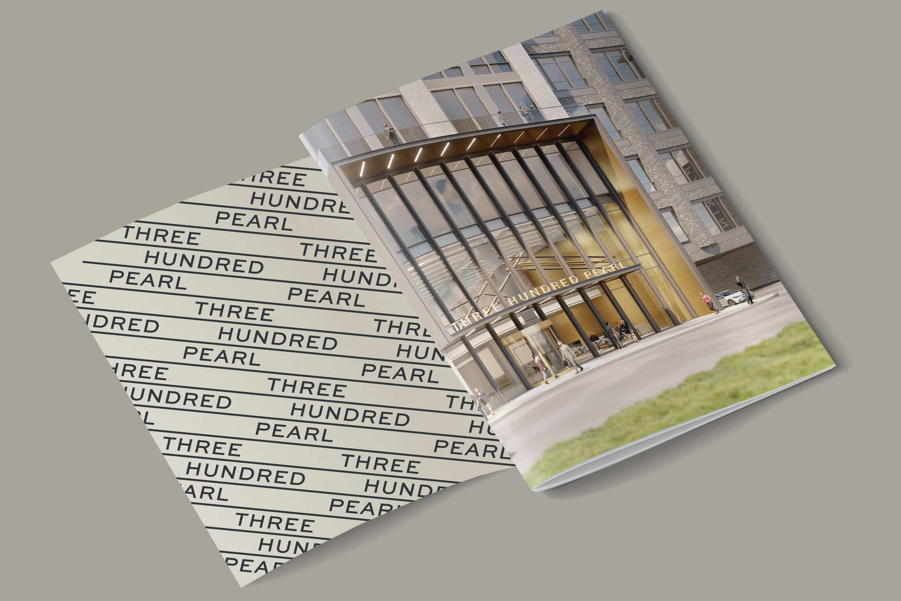 Open brochure showing a building entrance with glass facade and text 'Three Hundred Pearl' on it.