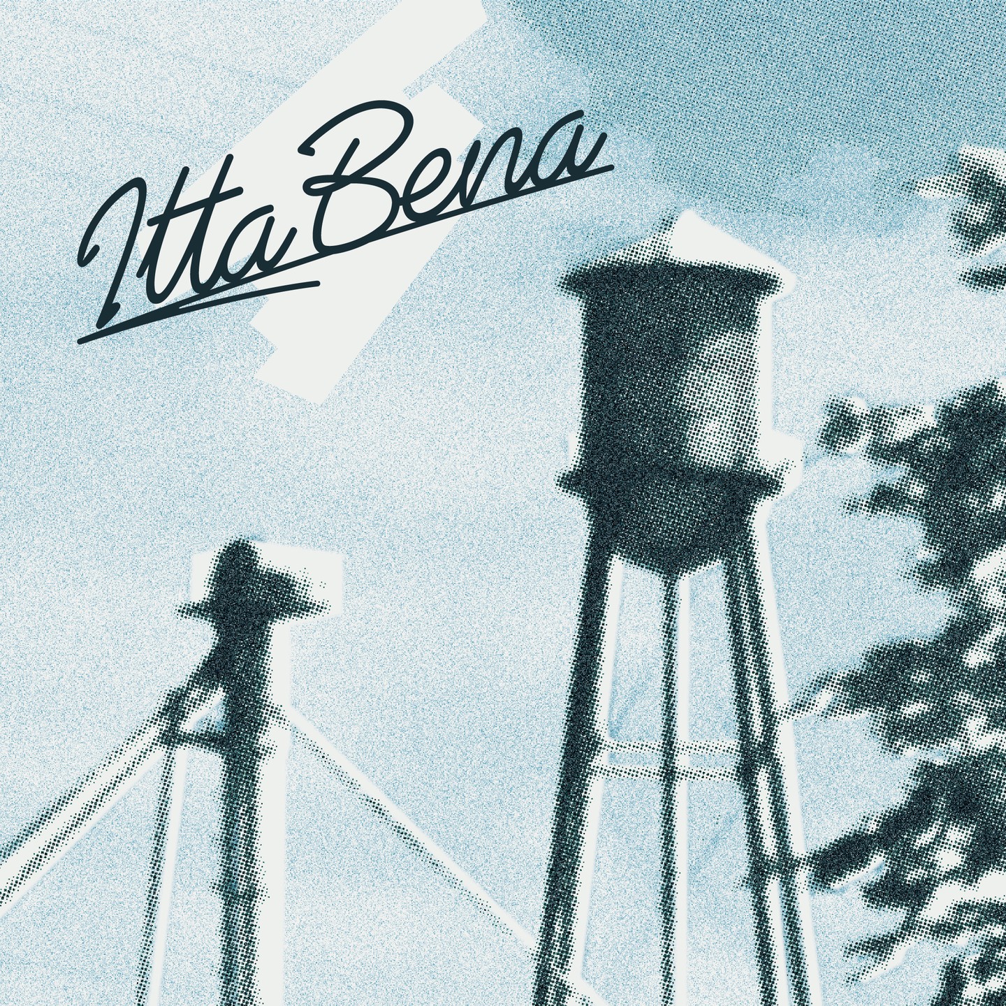 Stylized blue-toned image of a tall water tower and a bridge tower with 'Itta Bena' handwritten text.