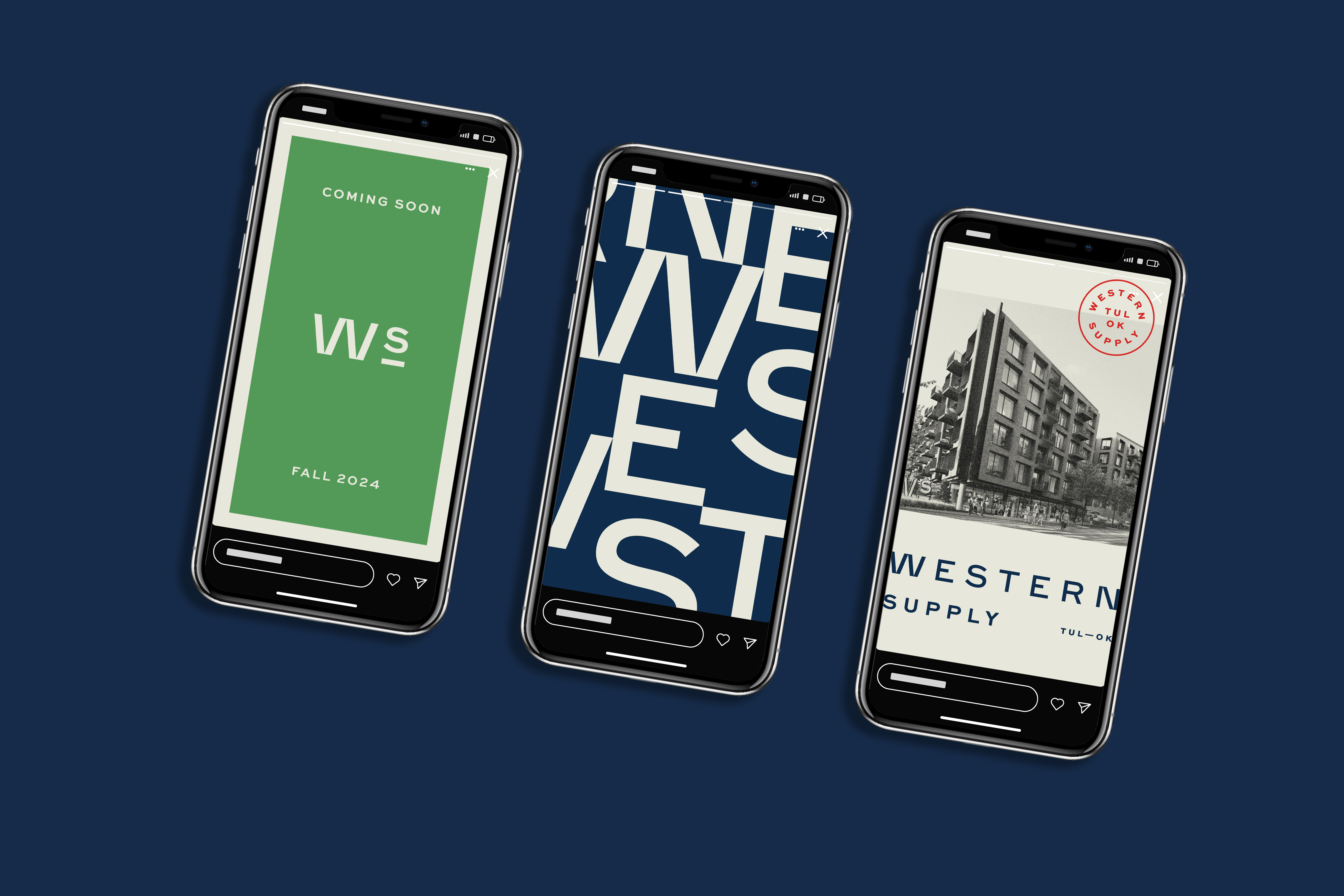 Three phones display promotional social media posts about Western Supply opening Fall 2024, including building image.