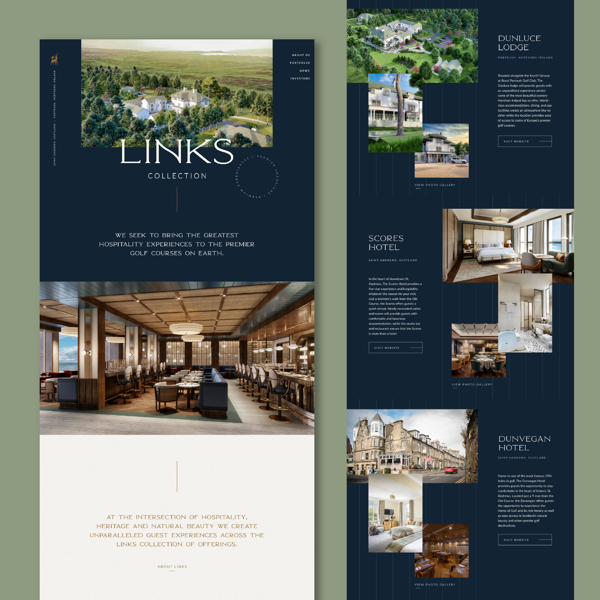 Links Collection webpage showing luxury golf lodging options with images of Dunluce Lodge, Scores Hotel, and Dunvegan Hotel.