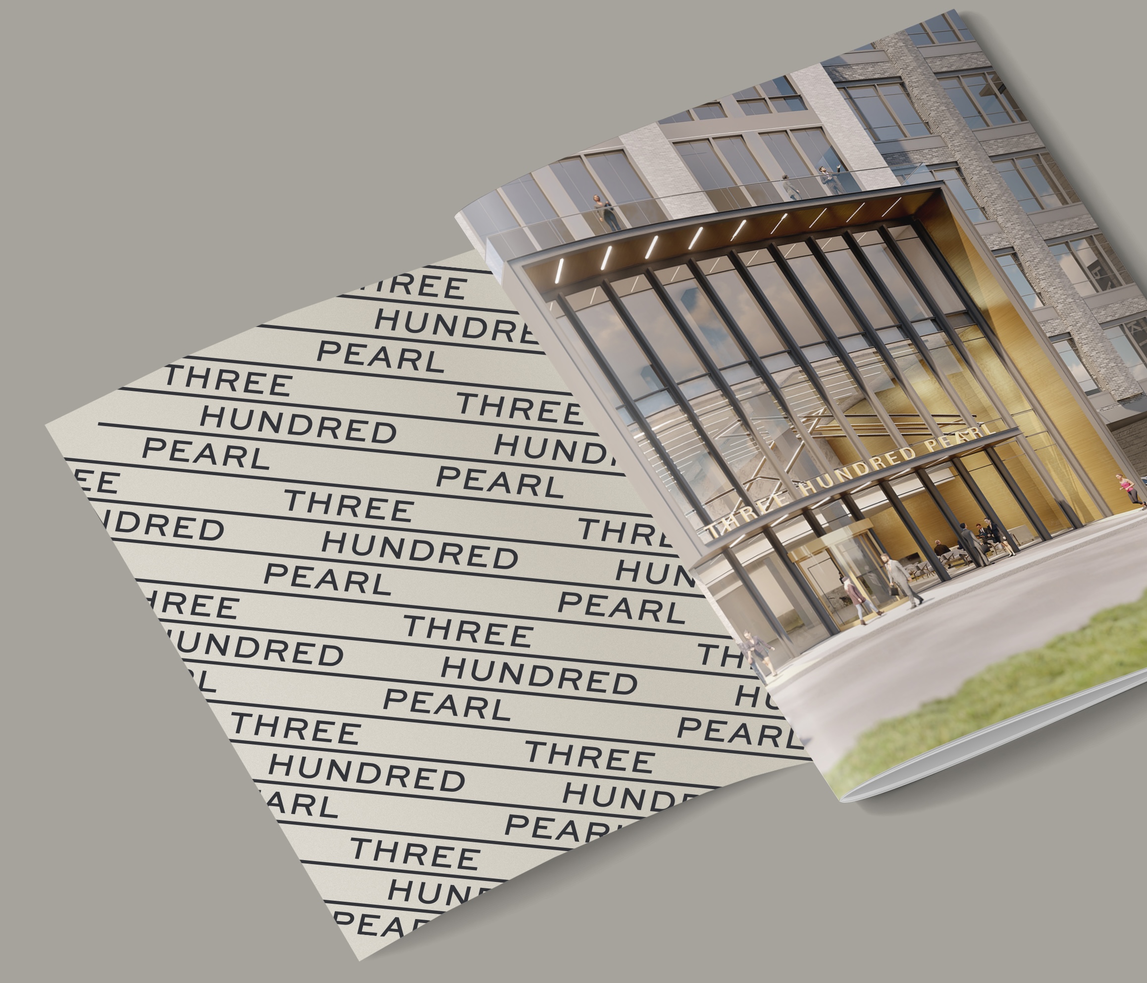 Open brochure showing a building entrance with Three Hundred Pearl signage and repeated text pattern inside.