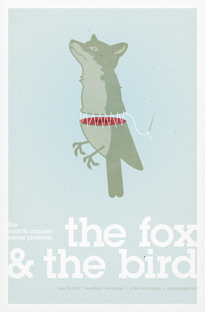 Illustration merging a fox's head and bird's body with stitched neck on blue background.