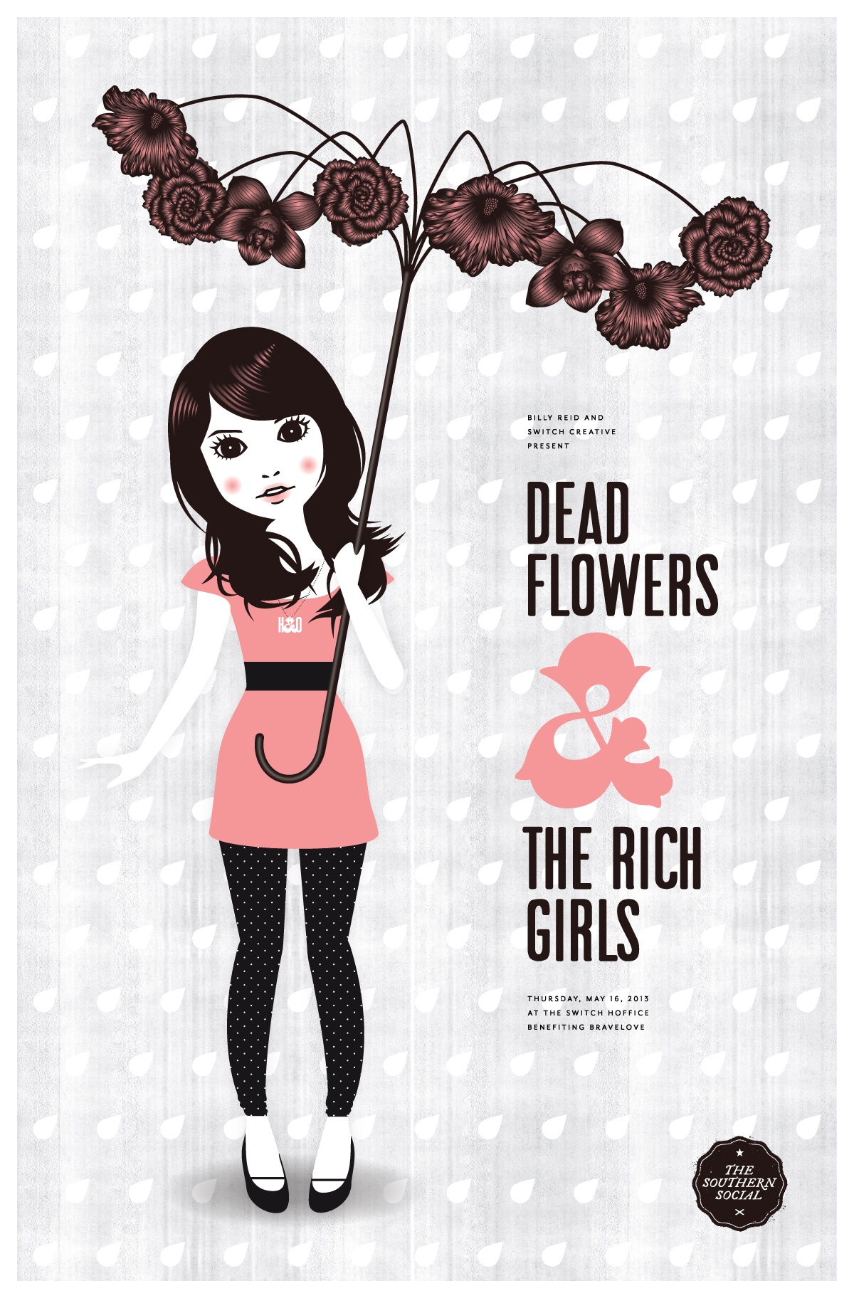 Illustration of a girl in a pink dress holding an umbrella made of dead flowers against a patterned background.