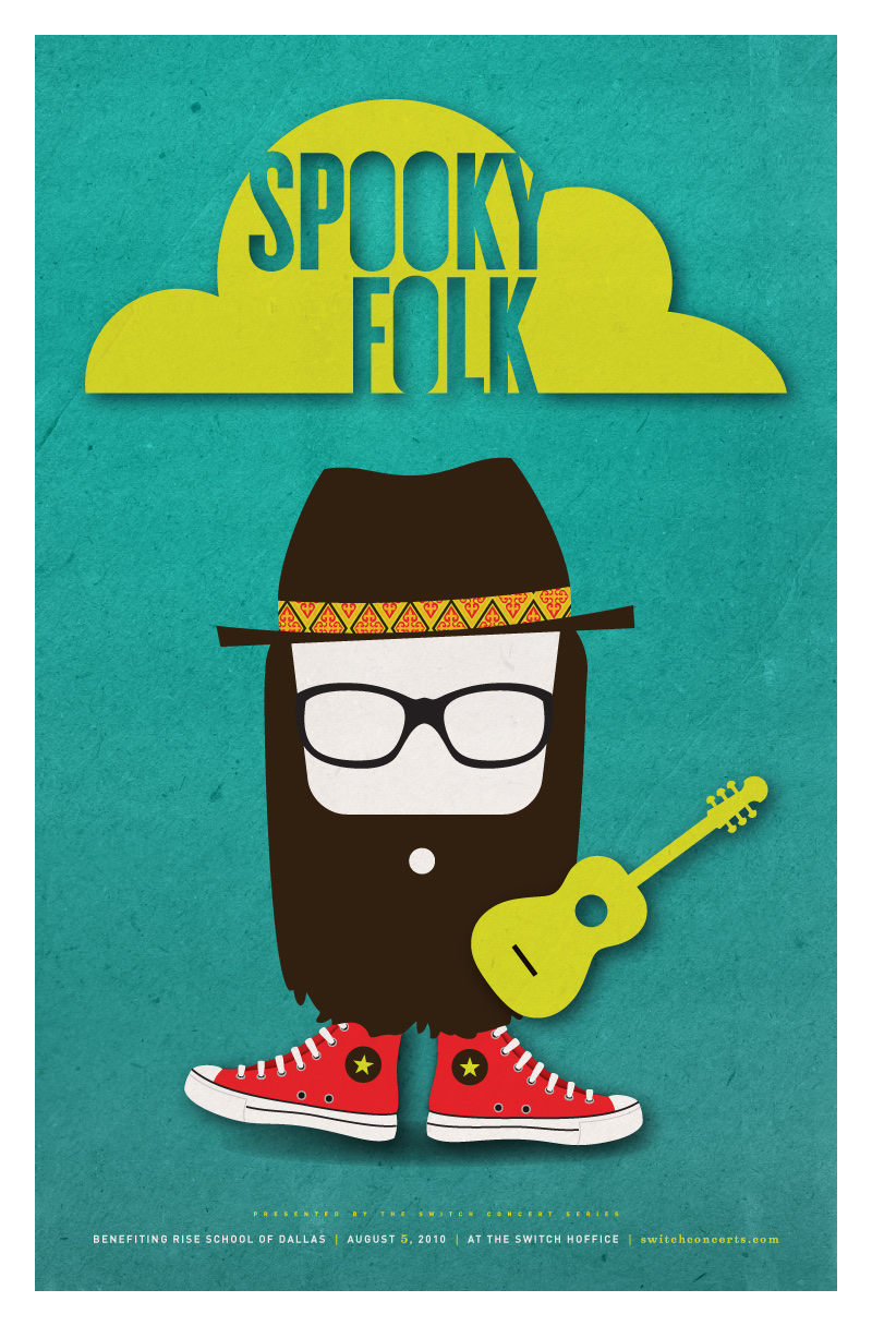 Cartoon figure with beard, glasses, hat, red sneakers, holding a yellow guitar under yellow text 'Spooky Folk'.