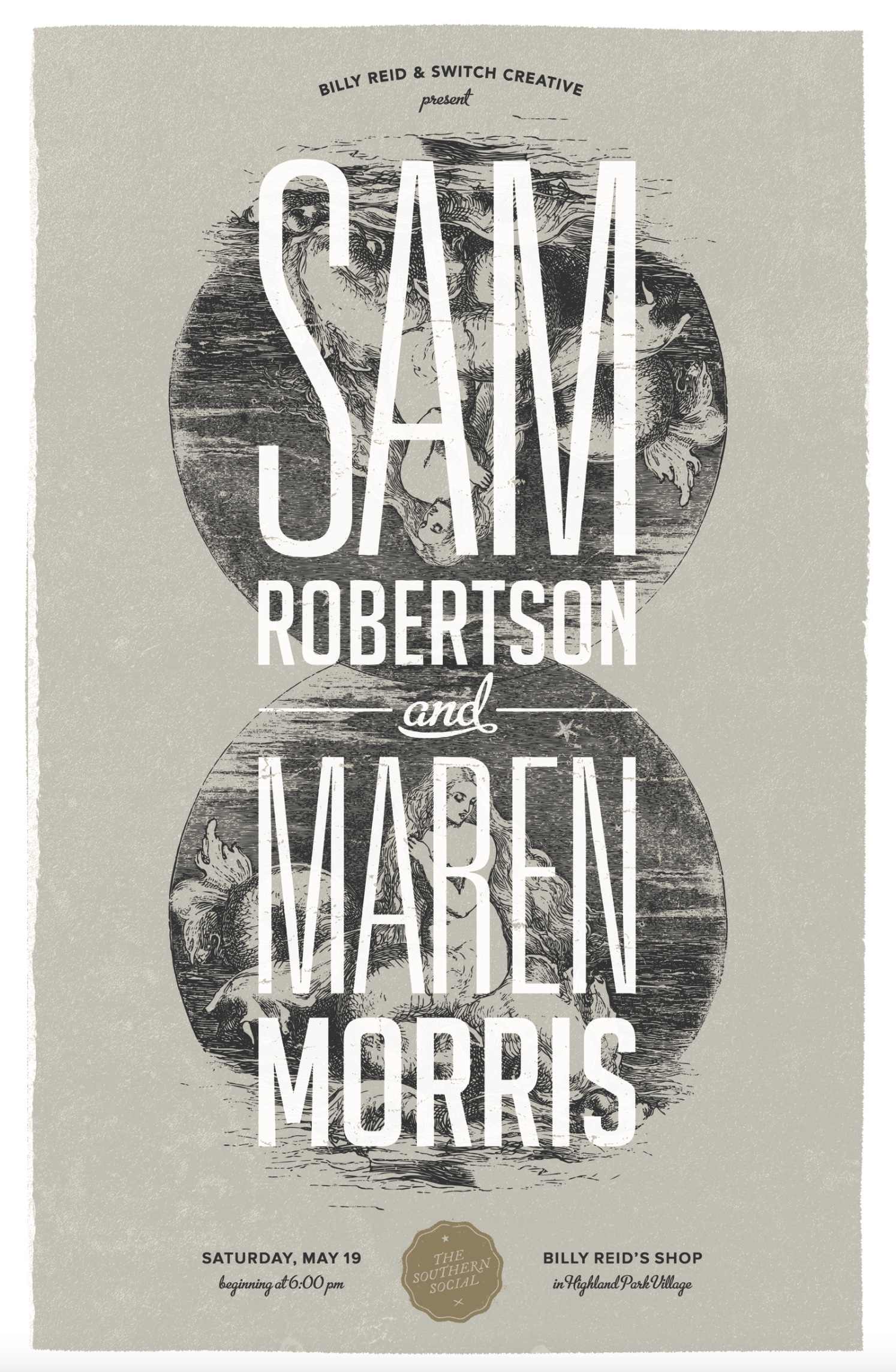Event poster with large text for Sam Robertson and Maren Morris with vintage artistic background.