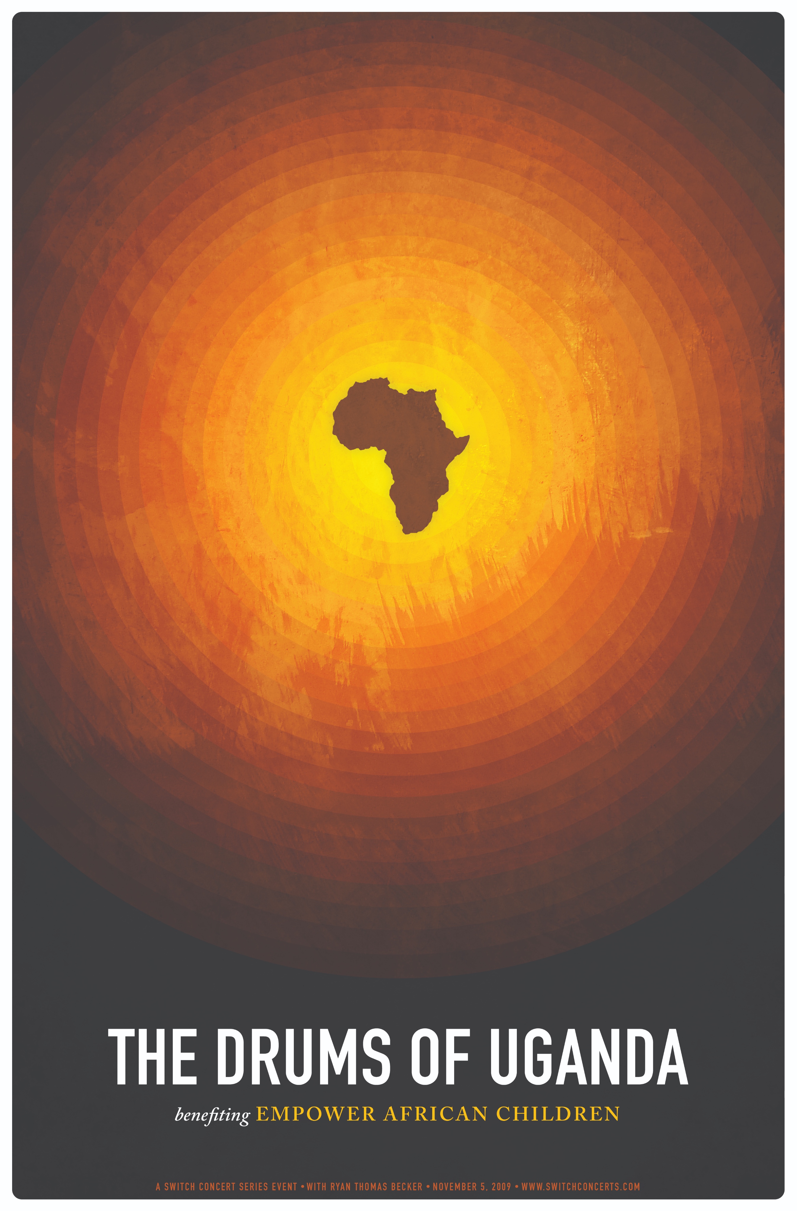 Poster with Africa silhouette at center of orange concentric circles titled The Drums of Uganda benefiting African children.