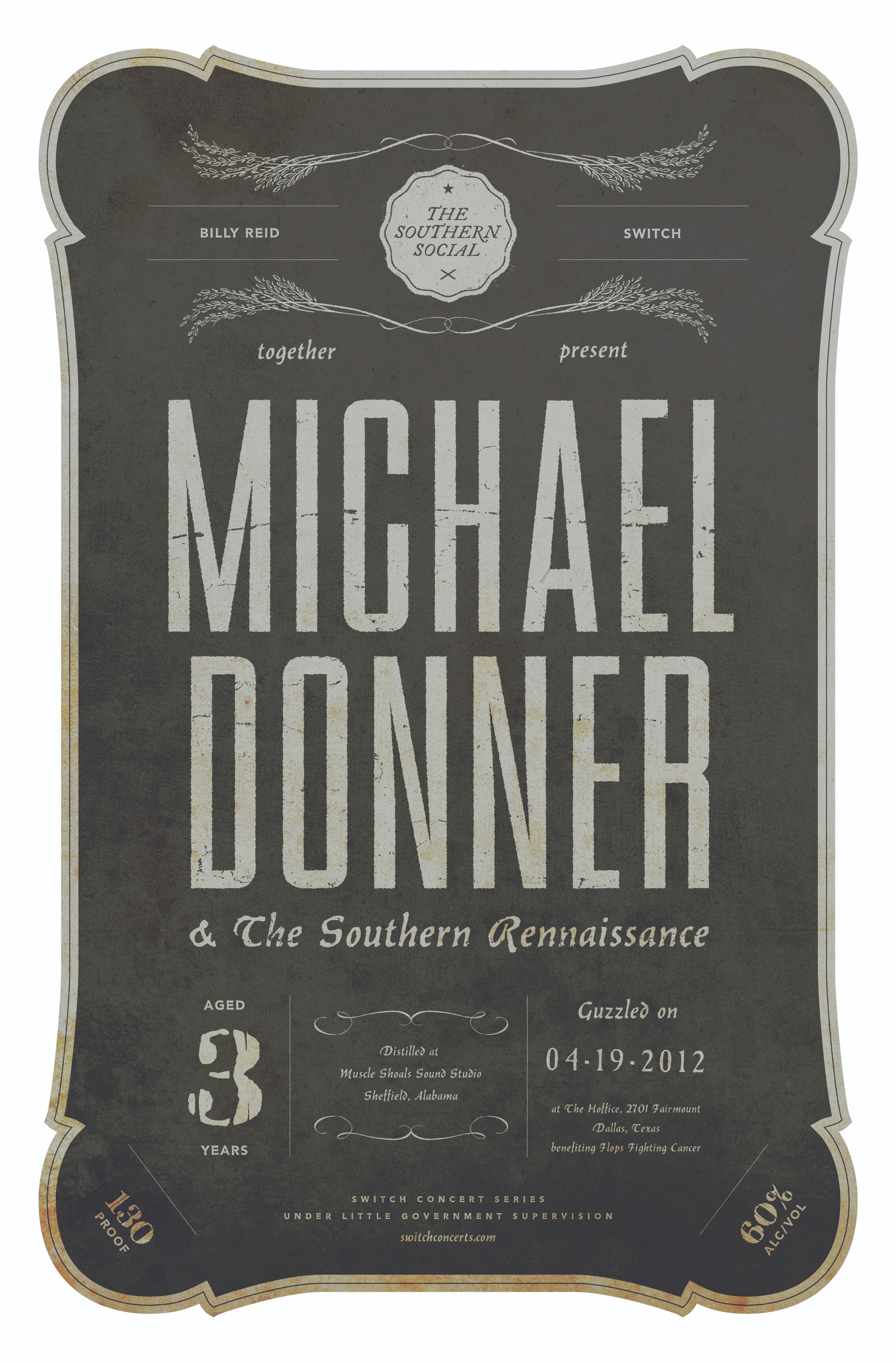 Dark vintage-style concert poster for Michael Donner & The Southern Rennaissance dated April 19, 2012.