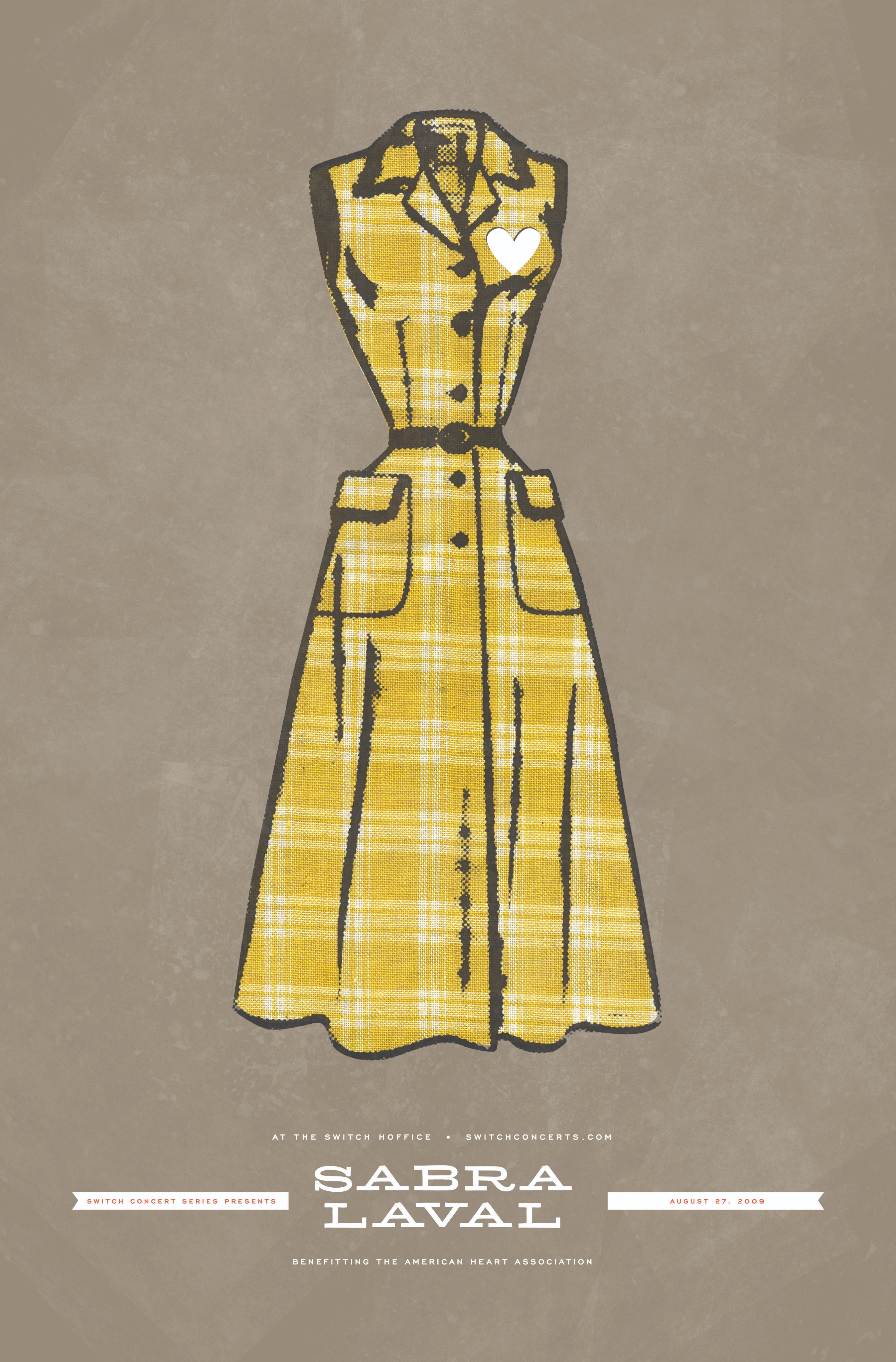 Illustration of a yellow plaid sleeveless dress with a white heart on the chest on a beige background.