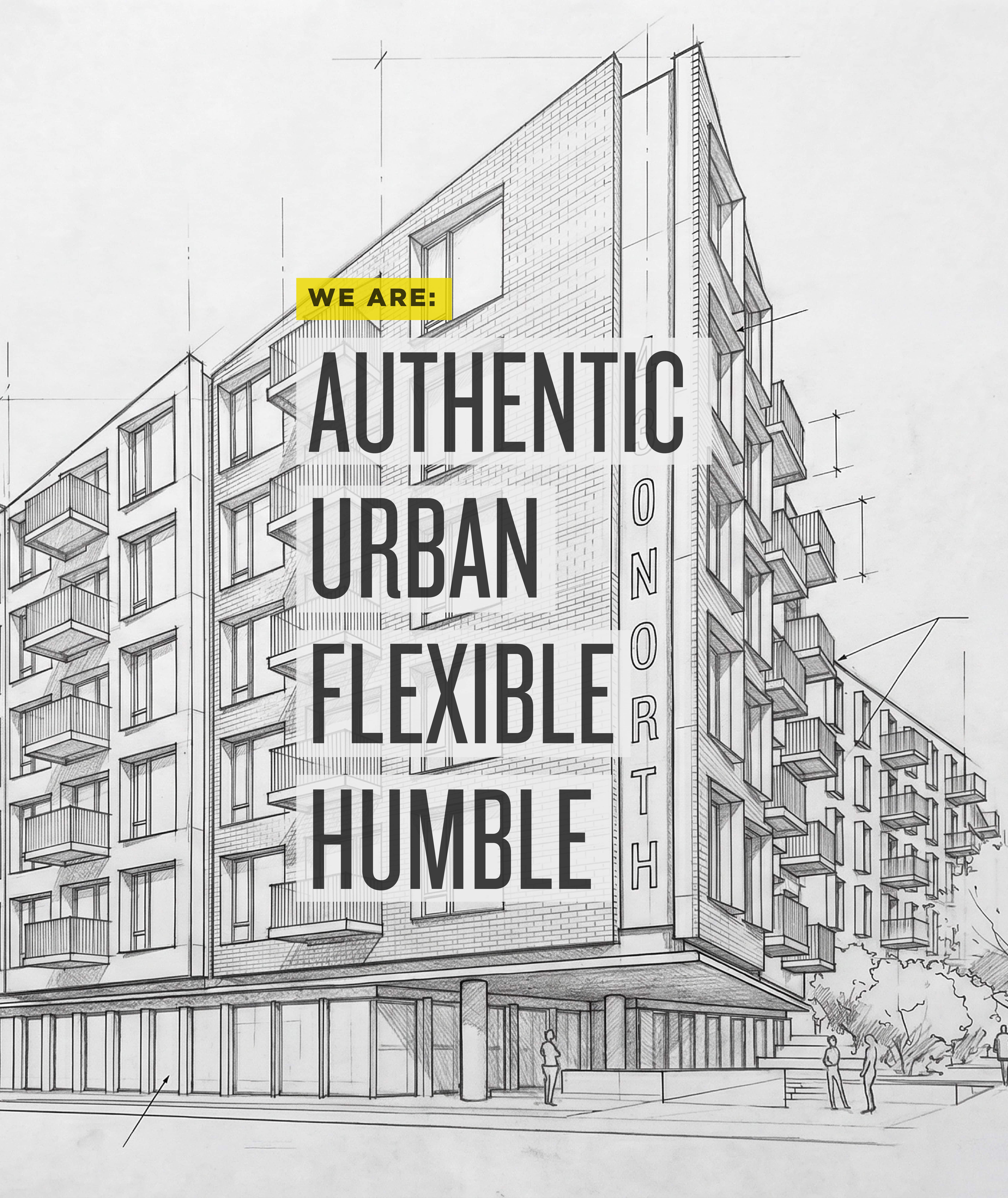 Architectural sketch of a multi-story modern apartment building with balconies and people nearby.