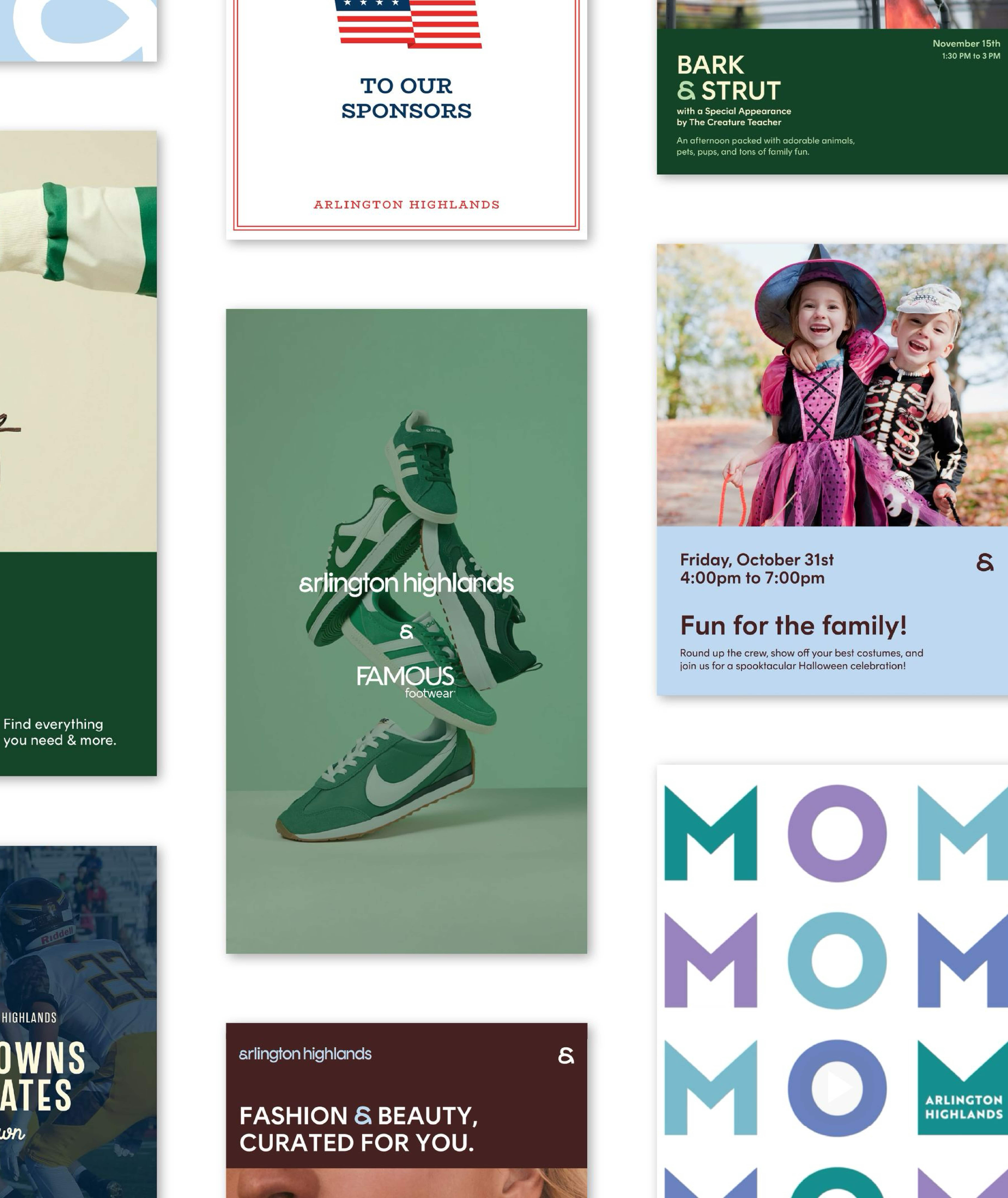 Stack of green and white sneakers with Arlington Highlands and Famous Footwear logos on a green background.