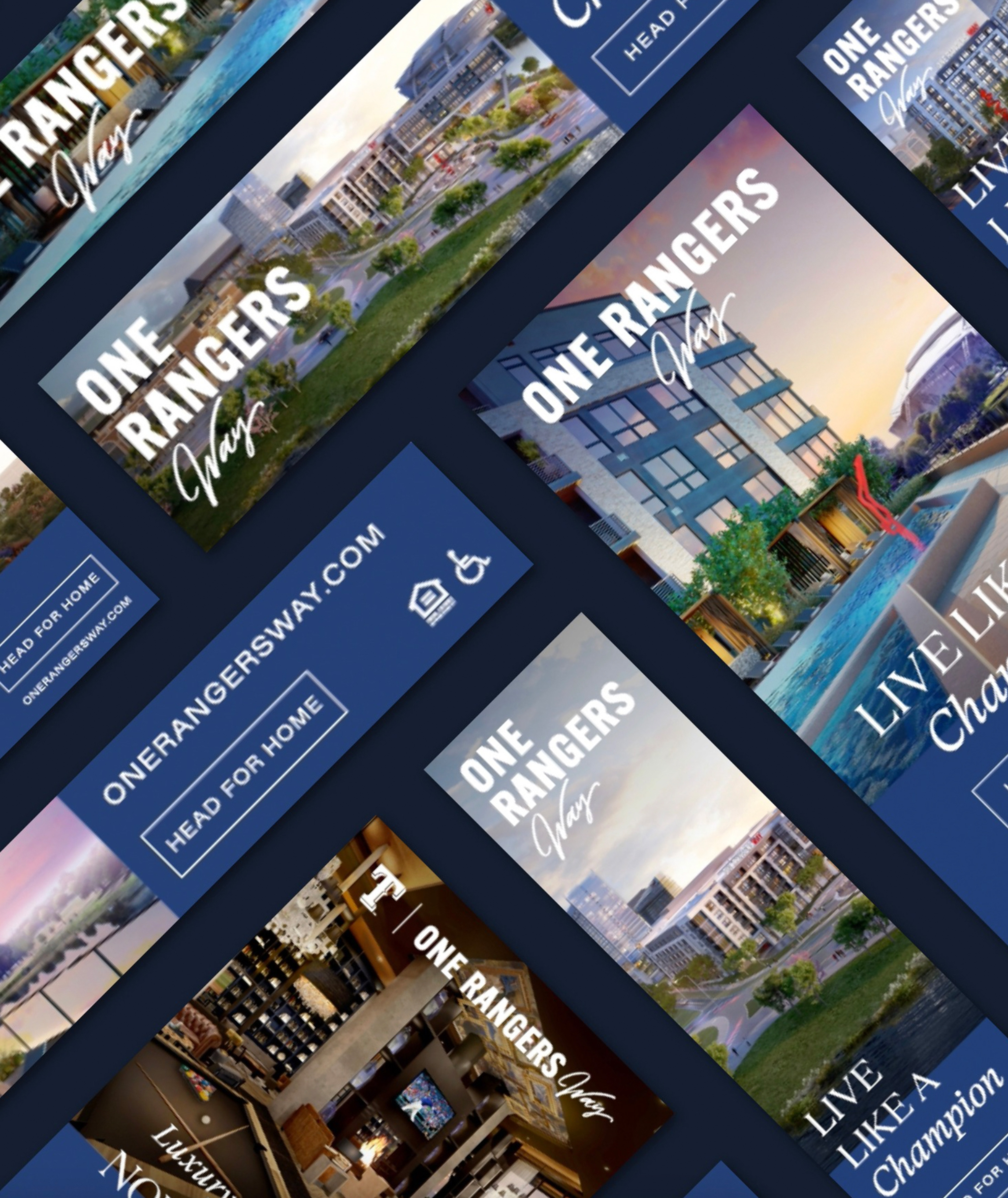 Collage of One Rangers Way real estate images showing modern buildings, pool, and interior spaces.