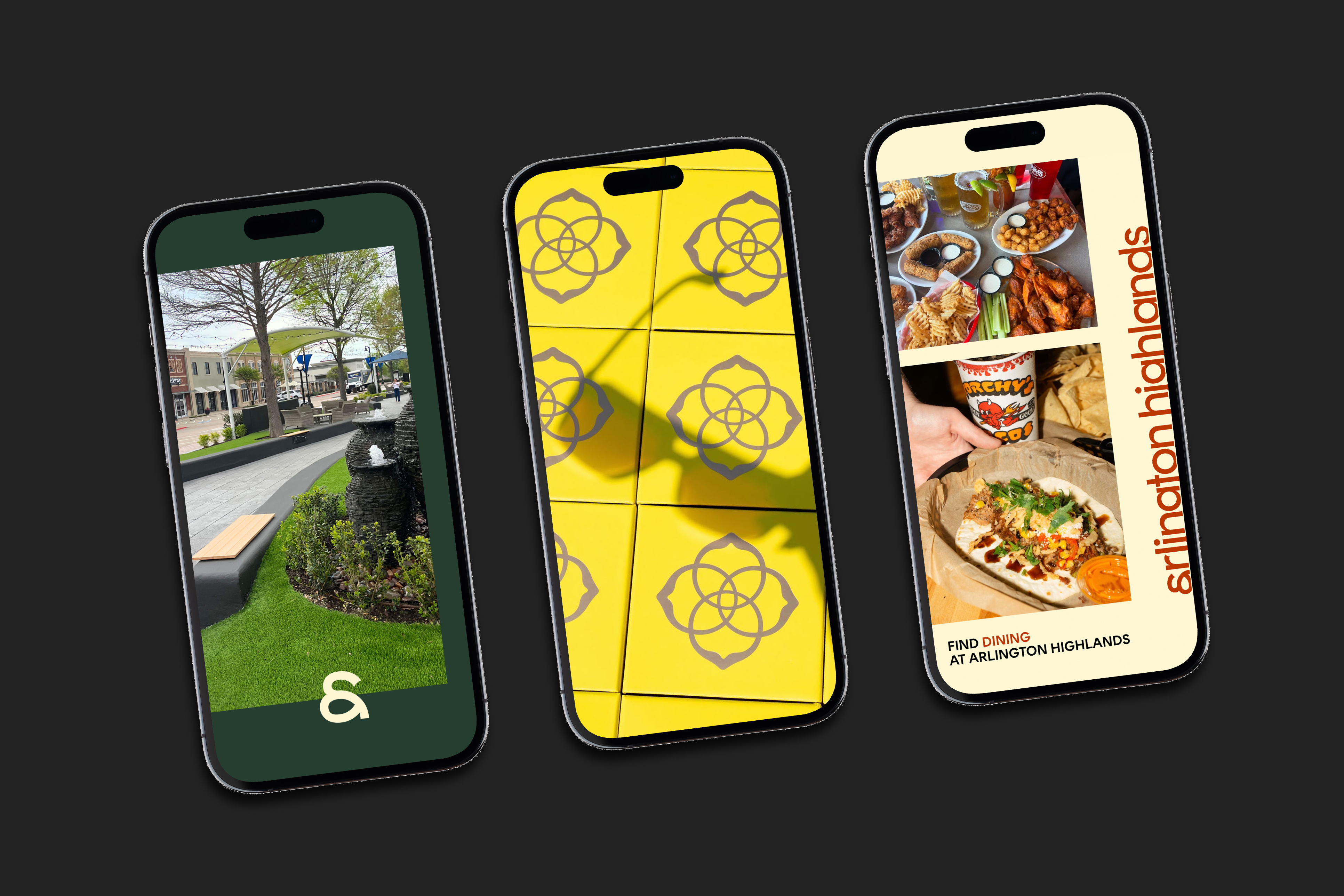 Three smartphones showing outdoor plaza, yellow tiles with flower design, and Arlington Highlands dining dishes.