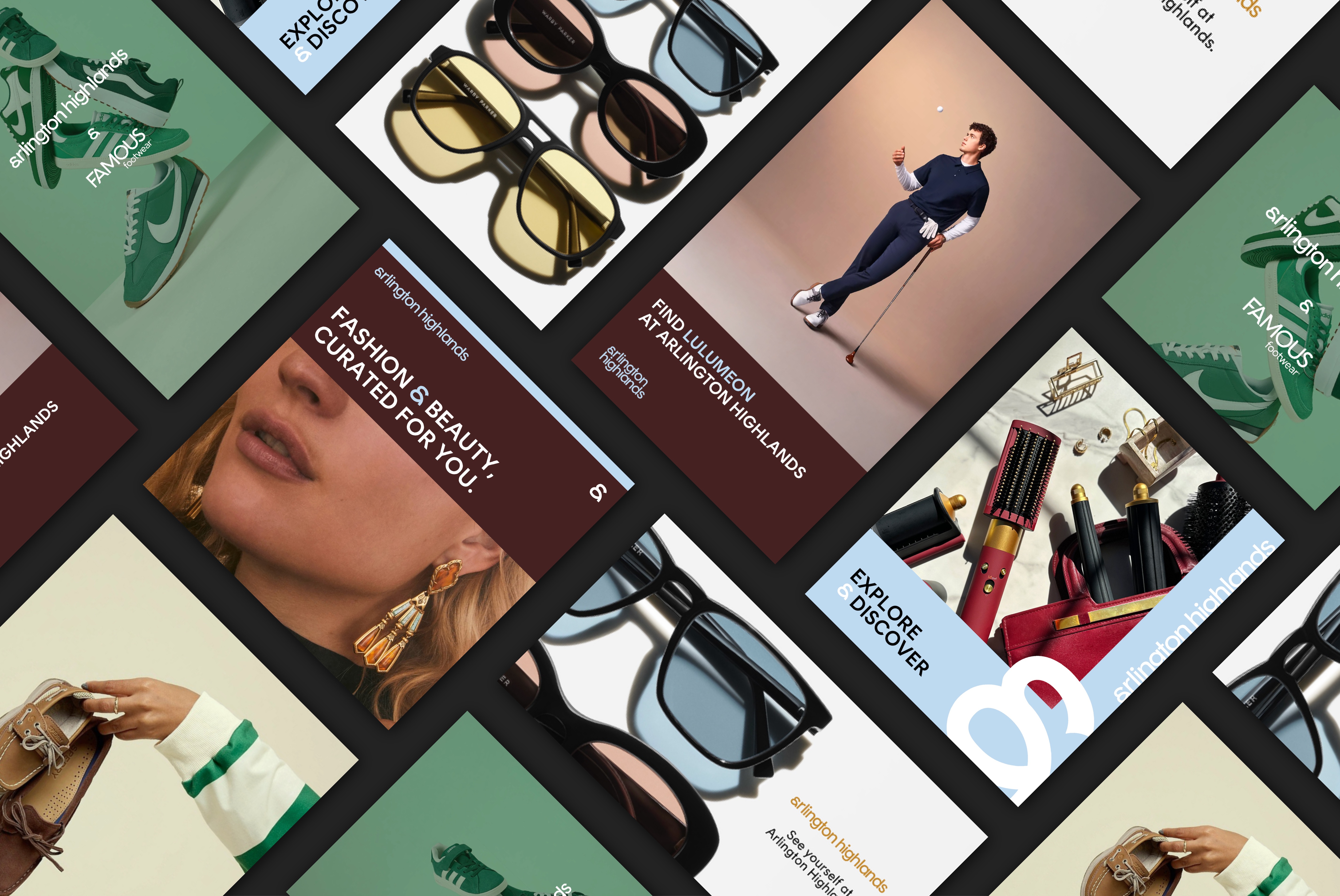 Collage of fashion and lifestyle ads featuring shoes, sunglasses, makeup, and a golf player.