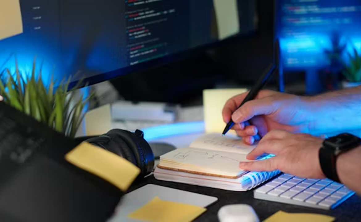 Person writing notes at desk