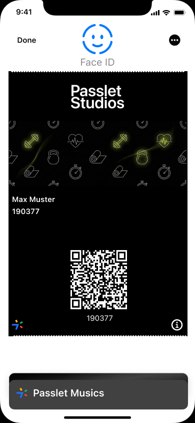 Mobile screen displaying a digital membership card for Passlet Studios