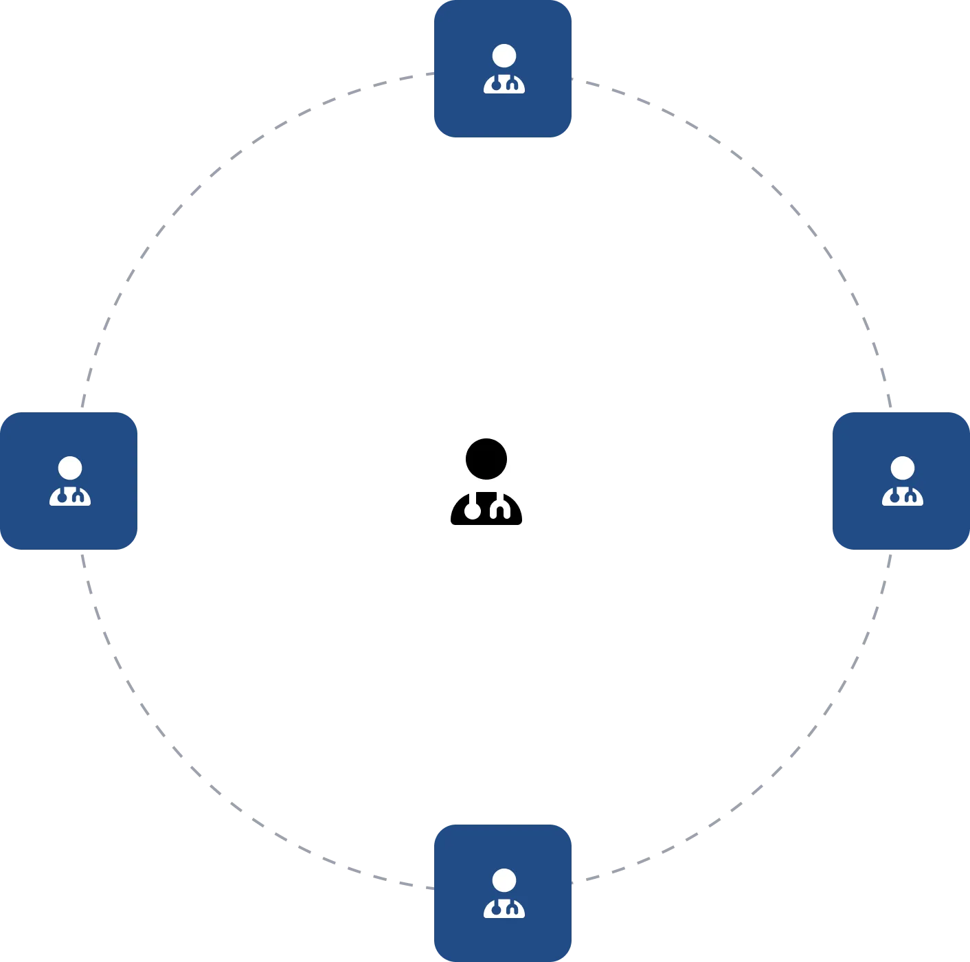 Central black doctor icon in a white circle connected by dotted lines to four smaller white doctor icons in blue squares arranged around it.