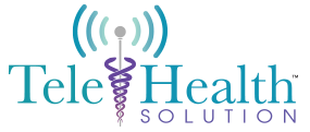 Tele Health Solution logo featuring a stylized caduceus with wireless signal waves above the text.