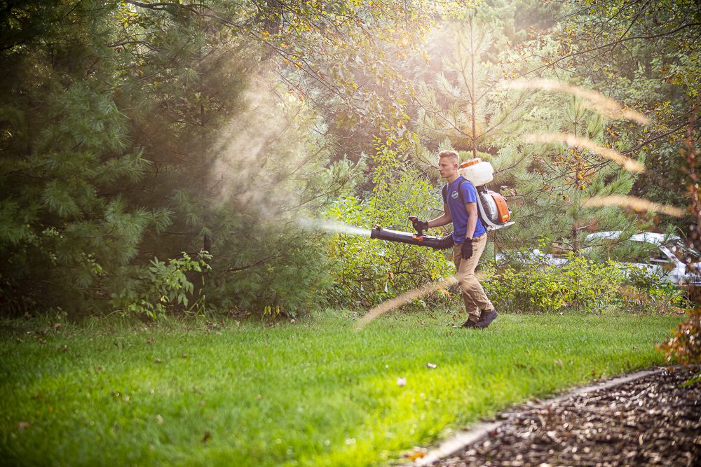 Technician spraying mosquito treatment in backyard