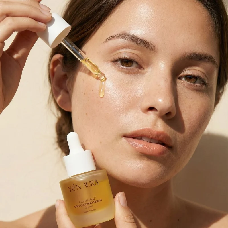 Yen Aura Clear Skin Aura turmeric skin clearing serum being applied with a dropper