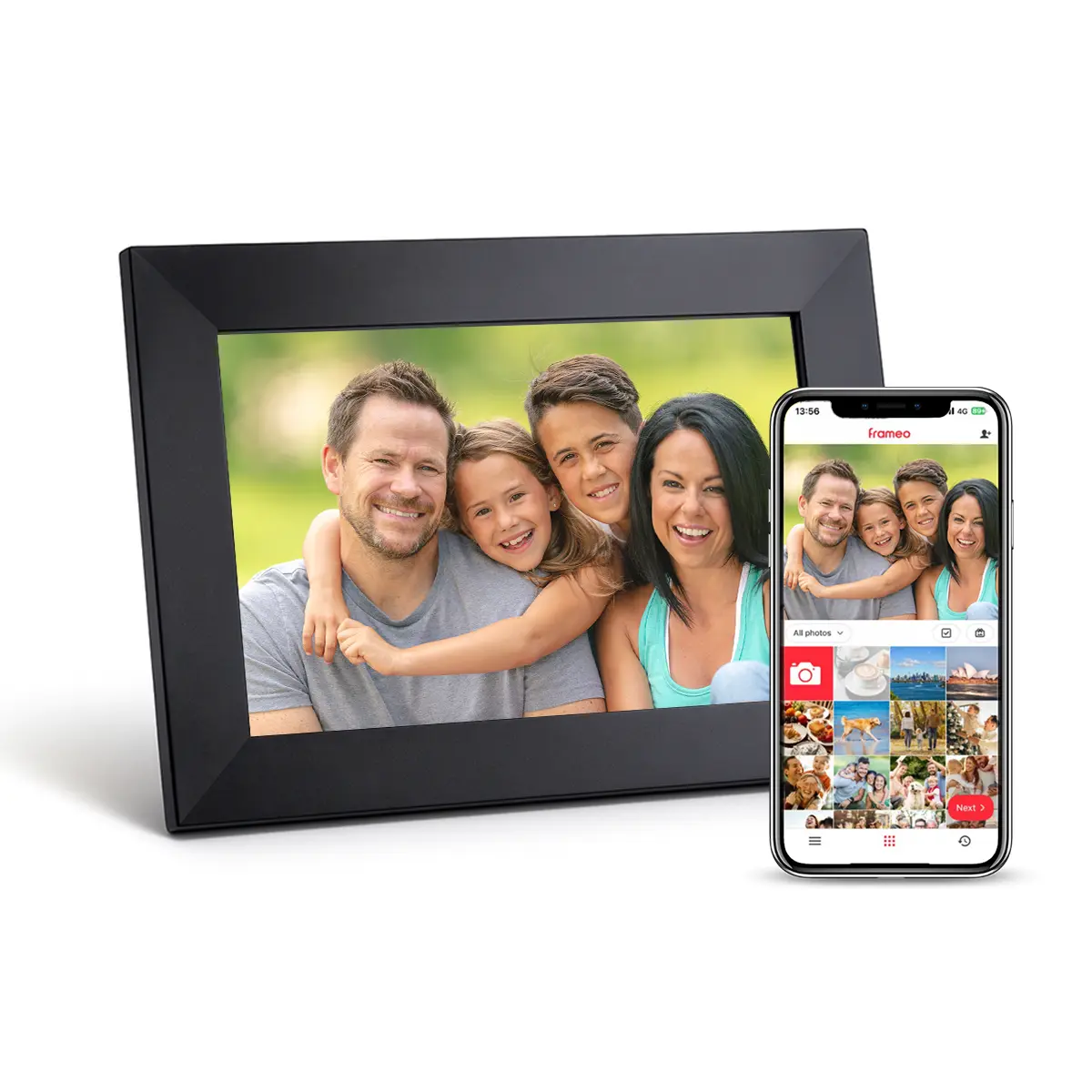 HomeLifeTech Frameo digital photo frame shown with the companion phone app
