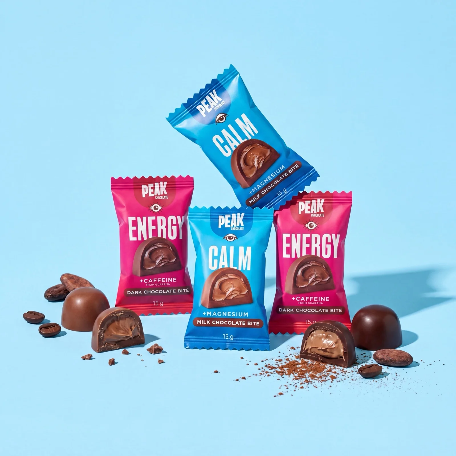 Peak Chocolate Energy and Calm chocolate bites with cacao beans